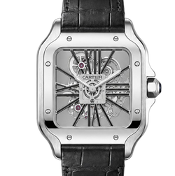 Cartier Santos Skeleton Black Leather Strap Watch