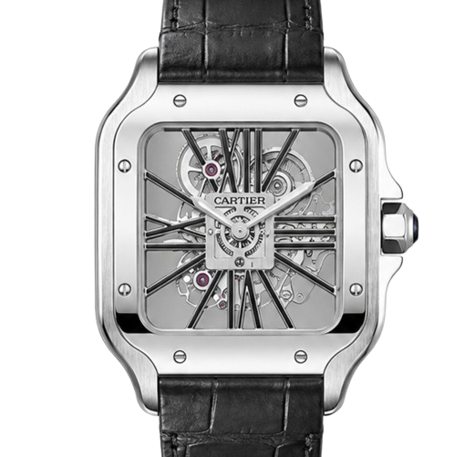 Cartier Santos Skeleton Black Leather Strap Watch