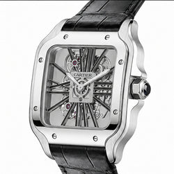 Cartier Santos Skeleton Black Leather Strap Watch
