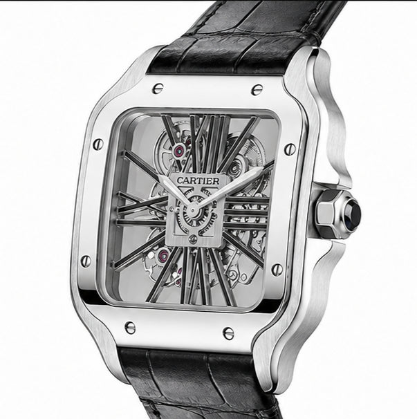 Cartier Santos Skeleton Black Leather Strap Watch