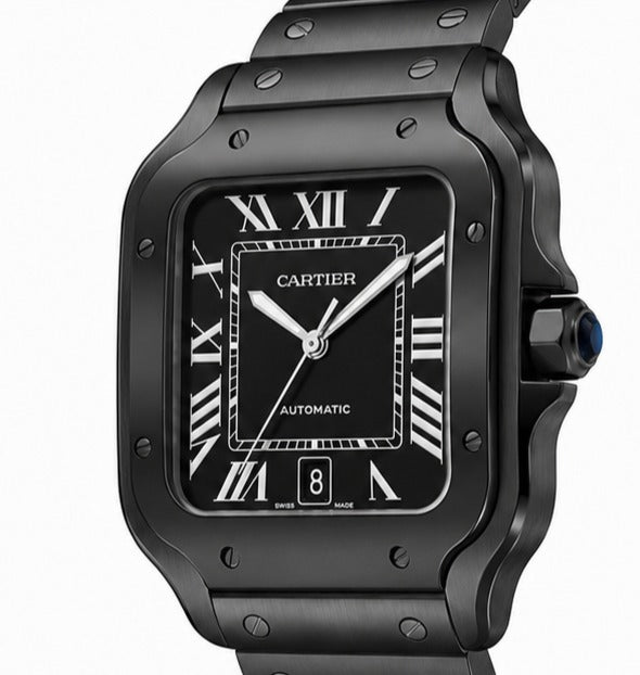 Cartier Santos Black ADLC Stainless Steel Automatic Watch