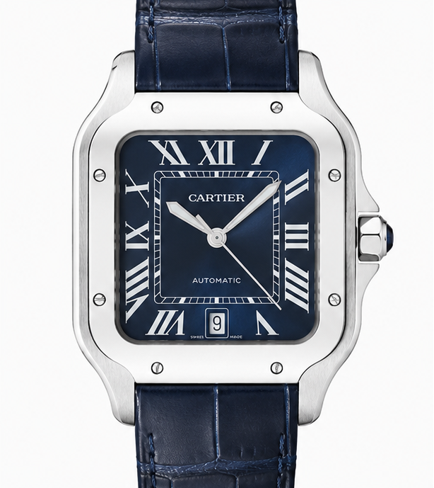 Cartier Santos Dumont Blue Sunburst Dial Alligator Leather Watch