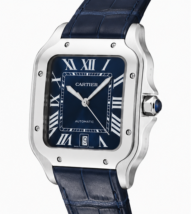 Cartier Santos Dumont Blue Sunburst Dial Alligator Leather Watch