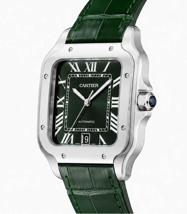 Cartier Santos Dumont Green Sunburst Dial Alligator Leather Watch